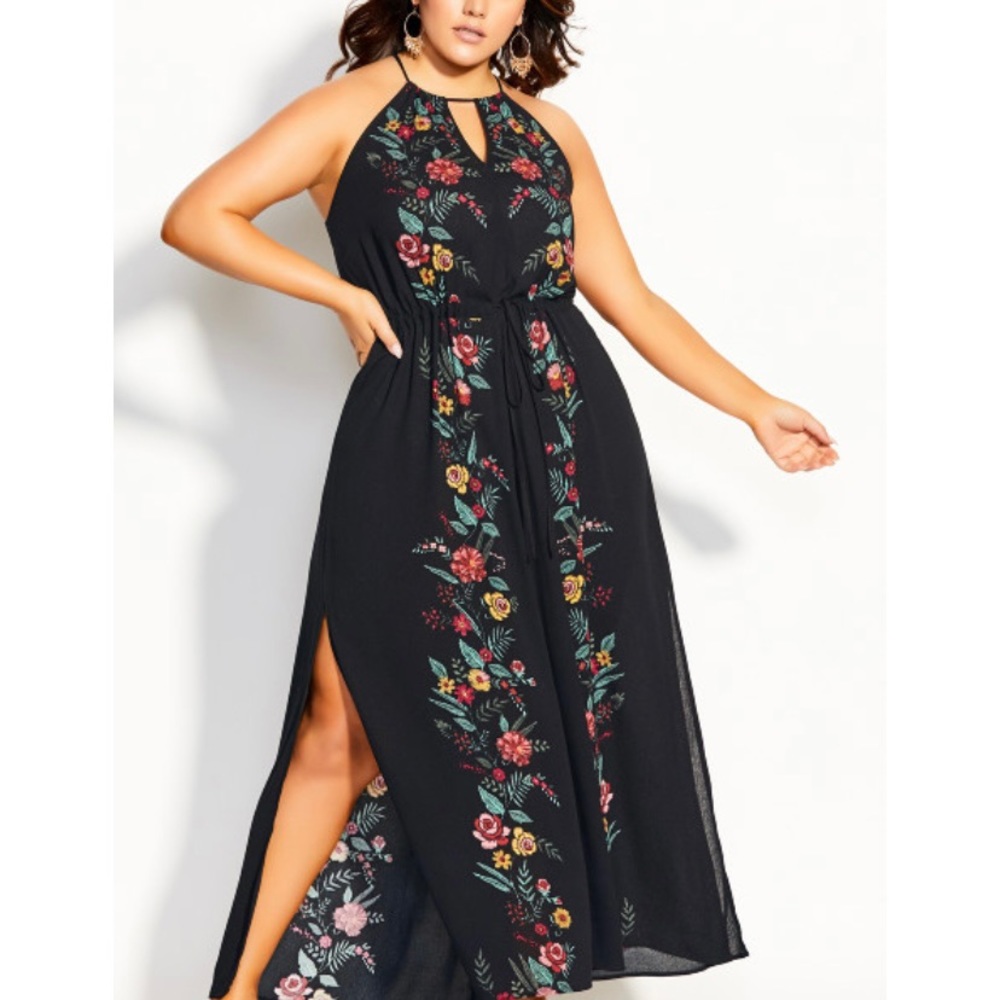 City Chic Black Maxi Dress with Multicolor Floral Embroidery